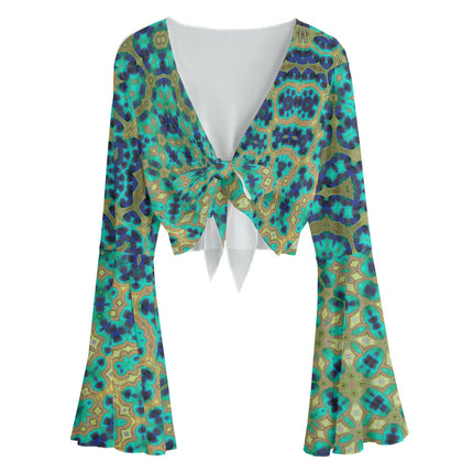 Ruffled Tie Front Cropped Blouse Peacock Feathers Penrose