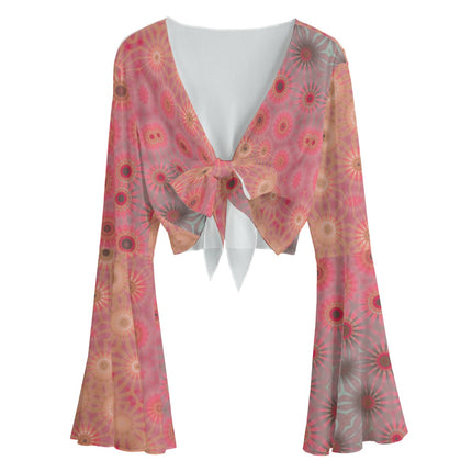 Ruffled Tie Front Cropped Blouse Pink Flowers Abstract