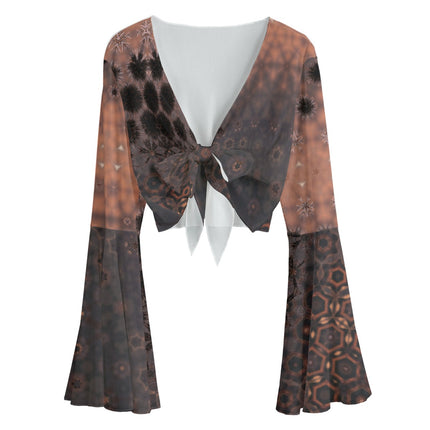 Ruffled Tie Front Cropped Blouse Brown and Copper Geometric