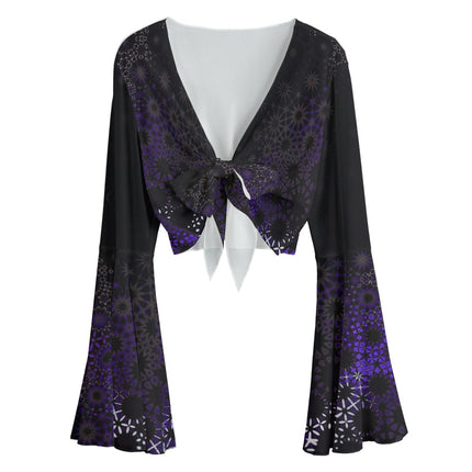 Ruffled Tie Front Cropped Blouse Purple and Black Graphic