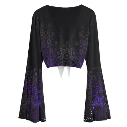 Ruffled Tie Front Cropped Blouse Purple and Black Graphic