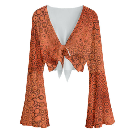 Ruffled Tie Front Cropped Blouse Autumn Leaves