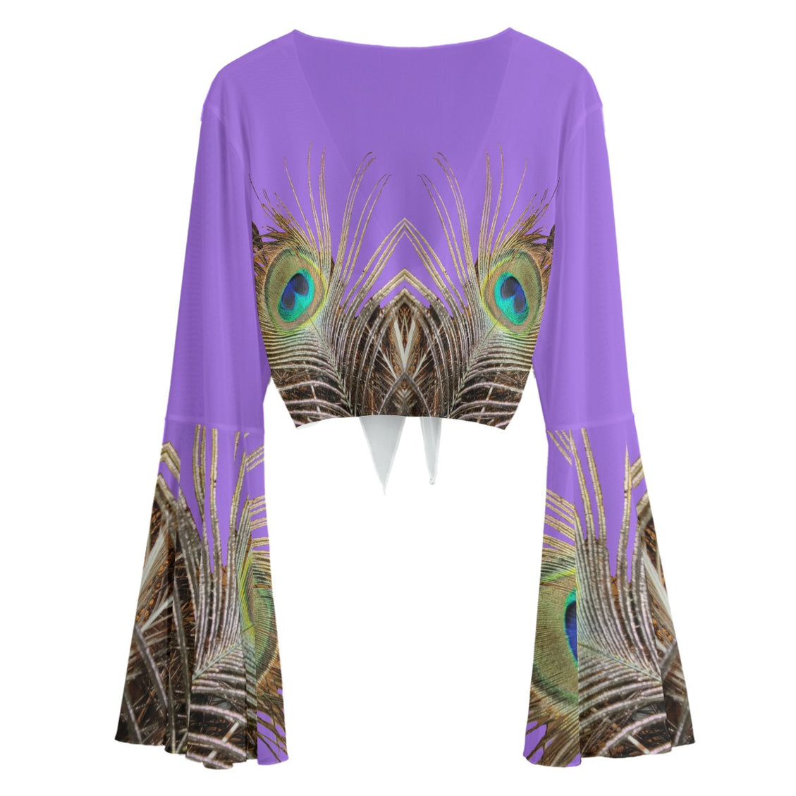 Ruffled Tie Front Cropped Blouse Peacock Feather Purple