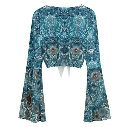 Ruffled Tie Front Cropped Blouse Blue Glass