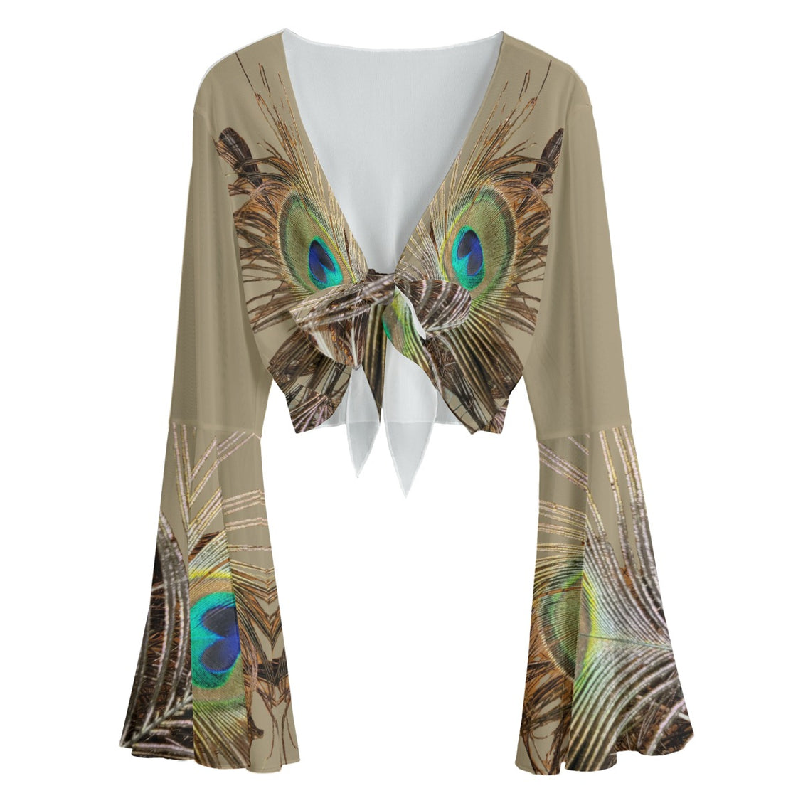 Ruffled Tie Front Cropped Blouse Peacock Feather Taupe