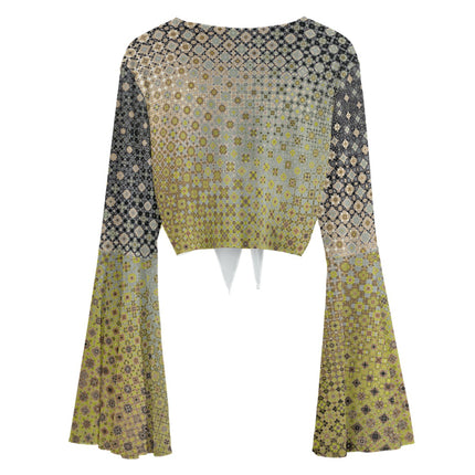 Ruffled Tie Front Cropped Blouse Shattered Windshield Gold Green Gray Ombre