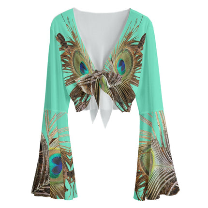 Ruffled Tie Front Cropped Blouse Peacock Feather Green