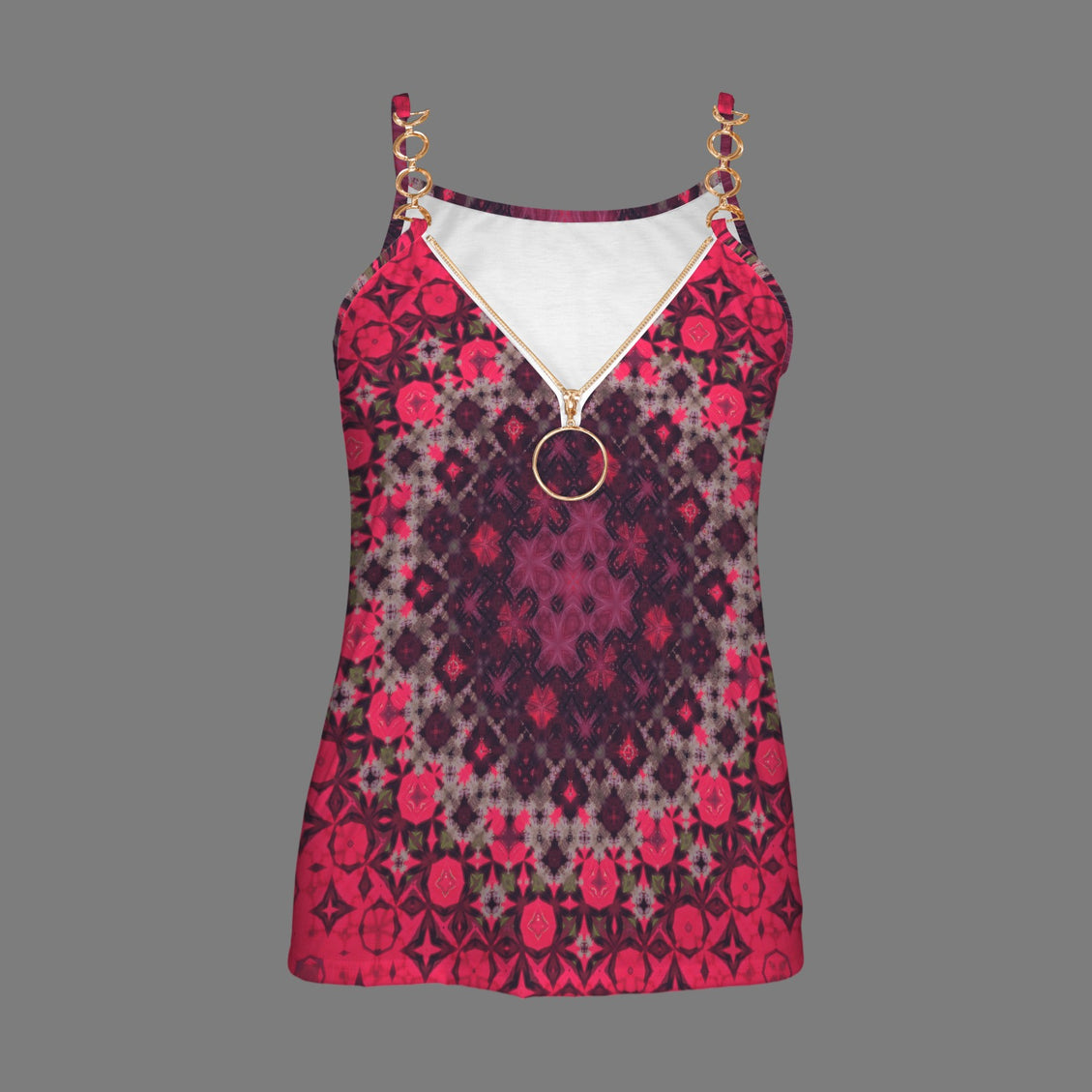 V Neck Chain Cami Dark Red Hollyhocks