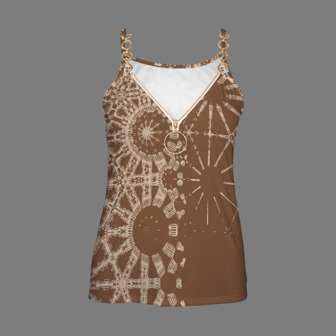 V Neck Chain Cami Red Chocolate and Gold Sunflower Graphic