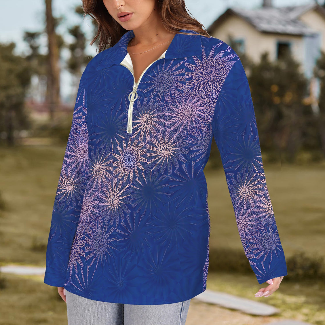 Half Zip Long Sleeve T-Shirt Blue Lavendar Graphic