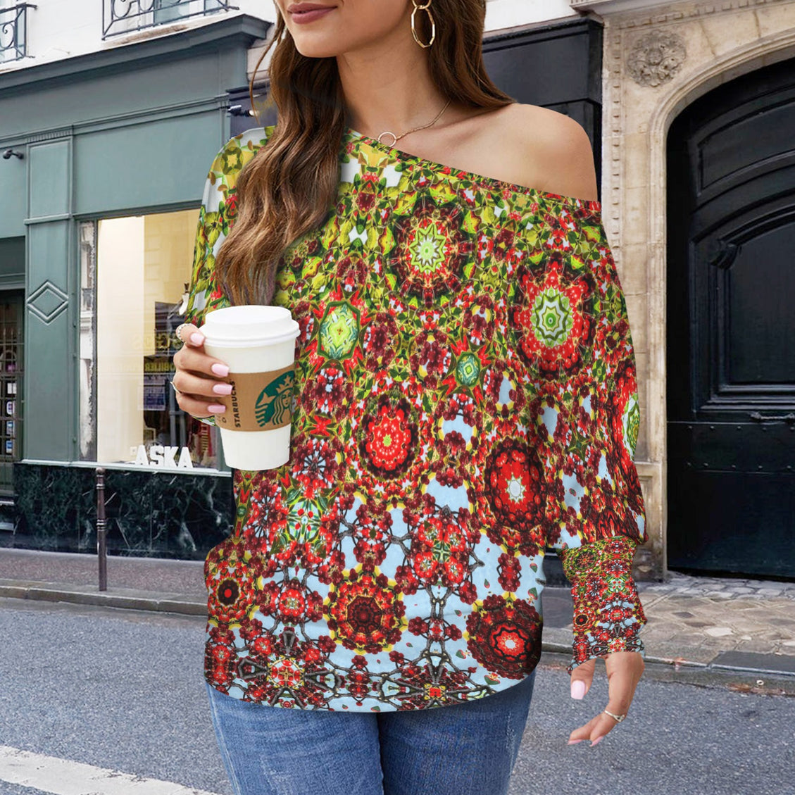 Batwing Long Sleeve Top Buffalo Berries Red Blue Green