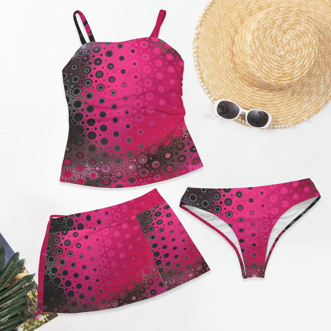 Three Piece Tankini Set Red Leaves Abstract