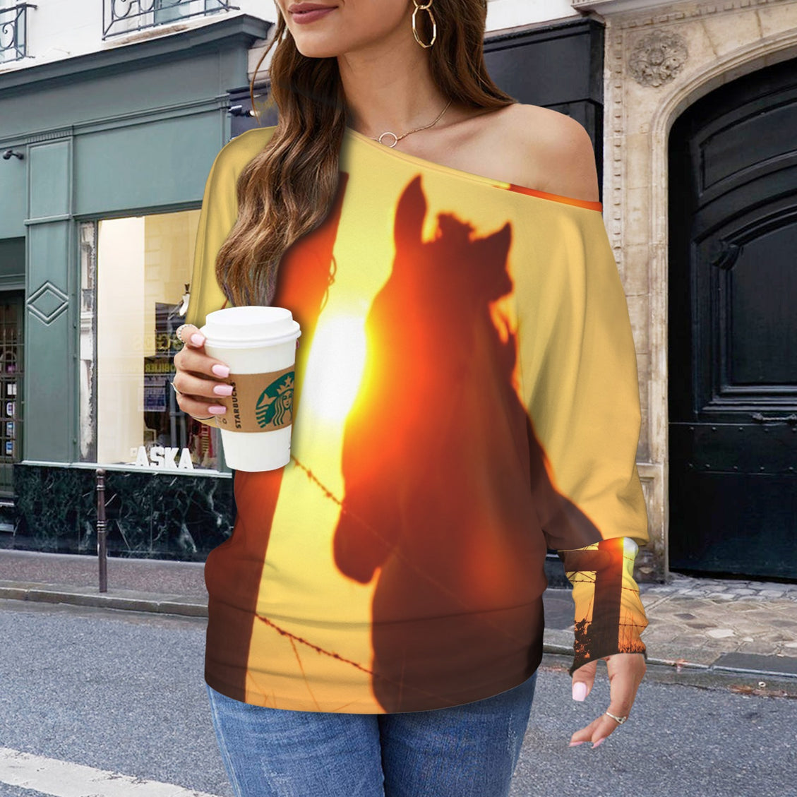 Batwing Long Sleeve Top Horse Sunset