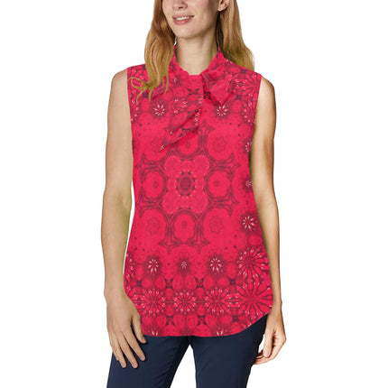 Bow Tie V Neck Sleeveless Blouse Red Hollyhocks