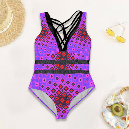 V Neck Mesh One Piece Swimsuit Tequila Sunrise