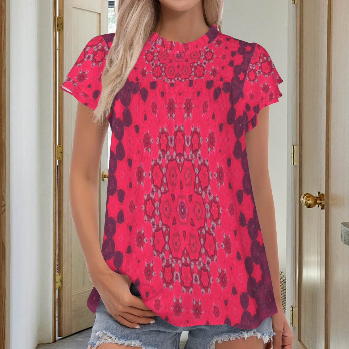 Round Neck Ruffle Sleeve Blouse Red Hollyhock