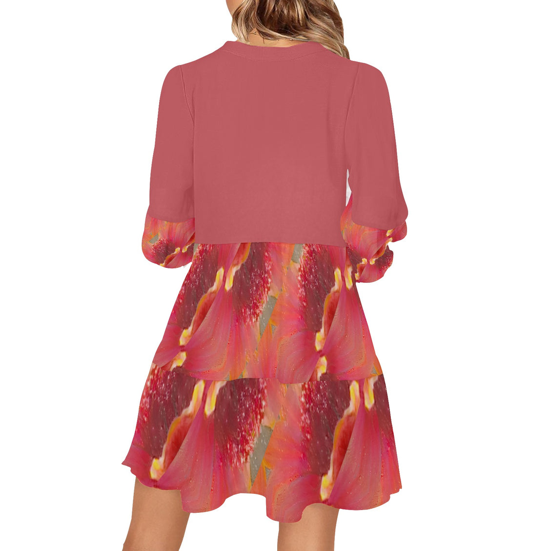 V Neck Flowy Dress Indian Blanket Flower Coral Pink