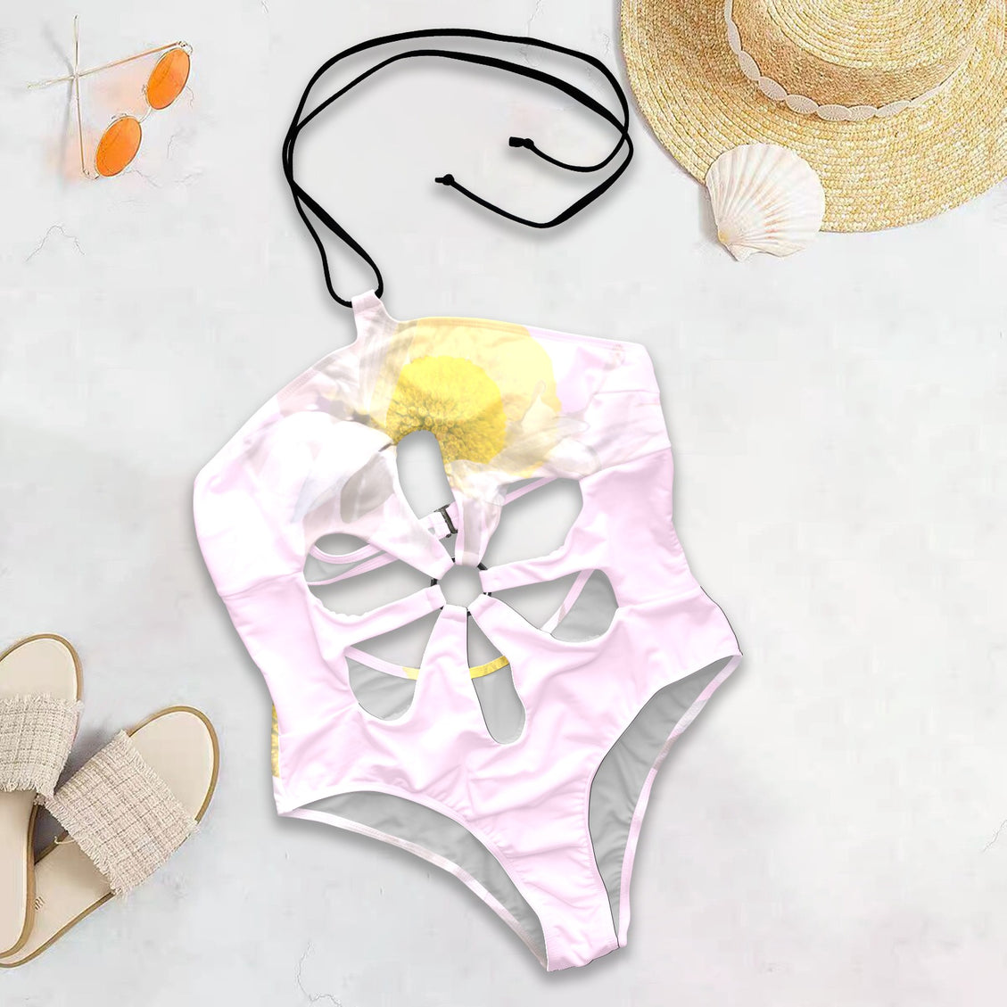 Flower Cut Out One Piece Swimsuit Daisy Watercolor Pink