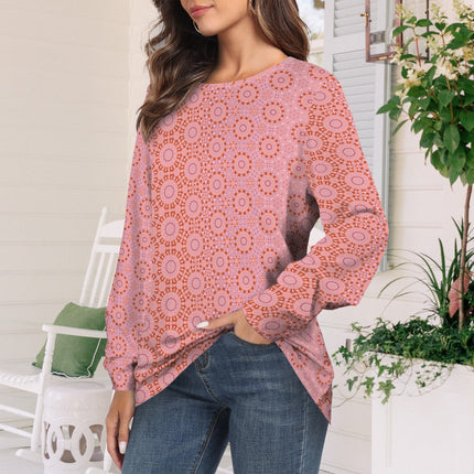 Long Sleeve Round Neck T Shirt Red Pink Geometric