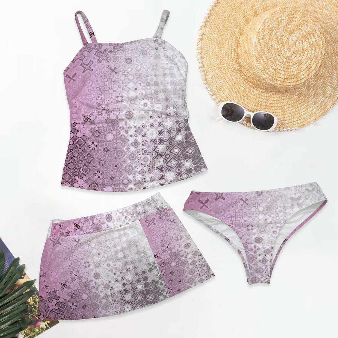 Three PIece Tankini Set Pink Glass Ombre