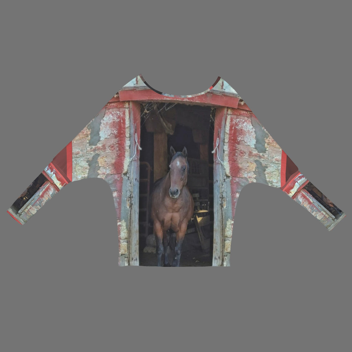 Batwing Long Sleeve Top Horse in Red Barn