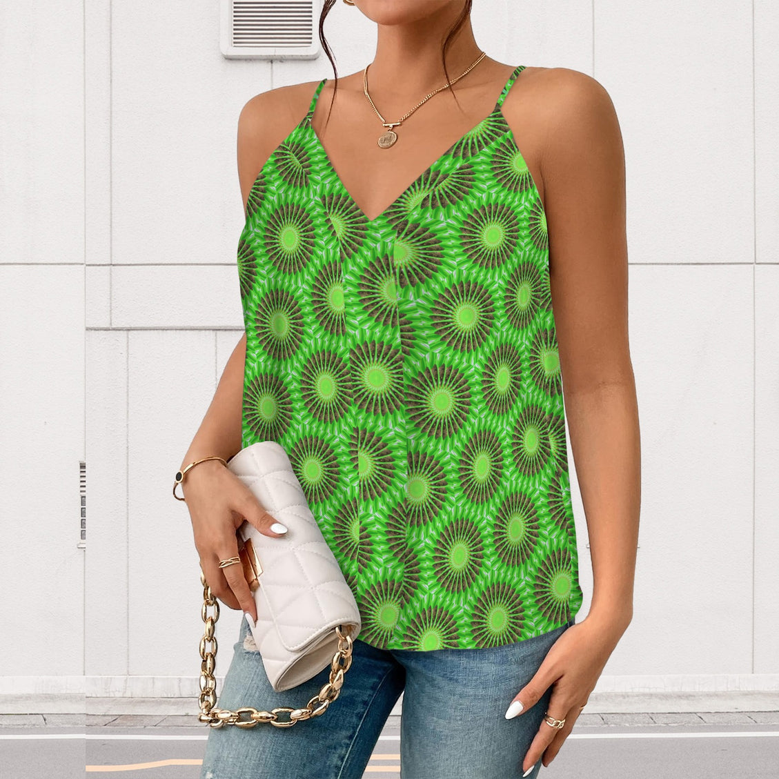 V Neck Cami Brown Butterfly on Green