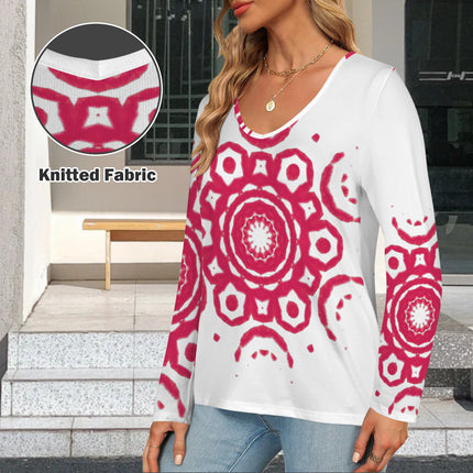 Long Sleeve V Neck Top Red Medallion