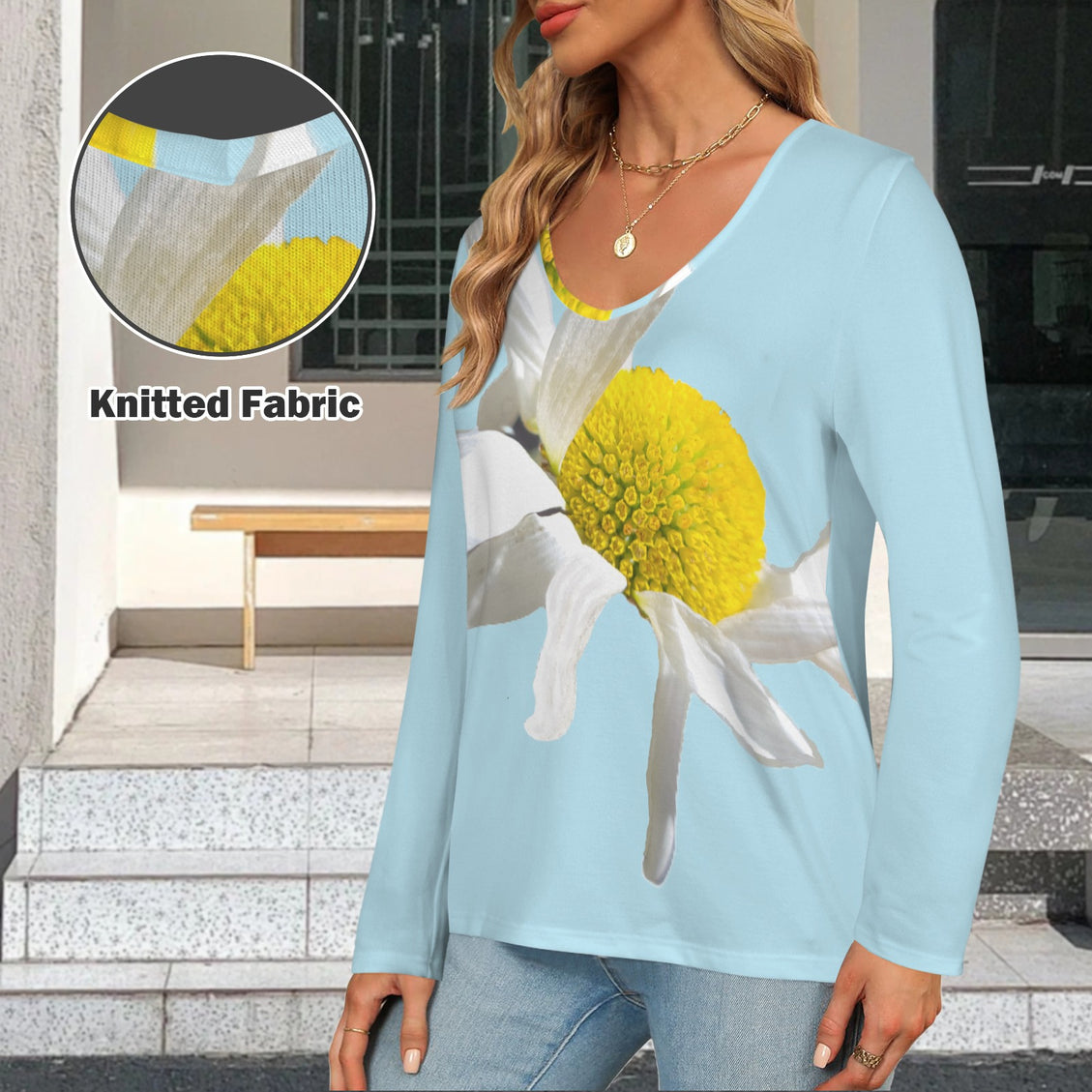 V Neck Long Sleeve Sweater Daisy Blue