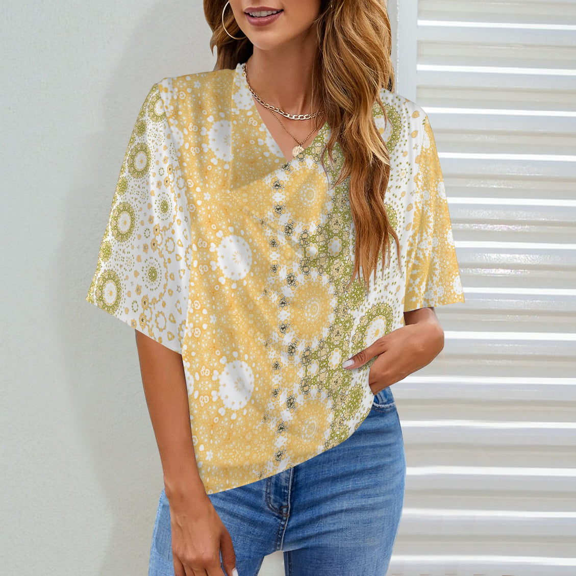 Draped Neck Blouse Sunflower Green Gold Graphic