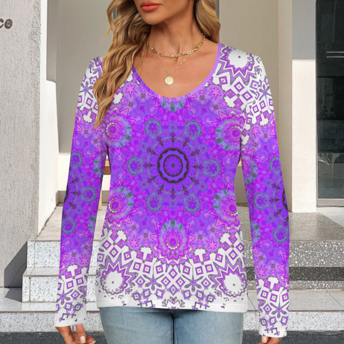 Long Sleeve V Neck Top Bergamot Medallion