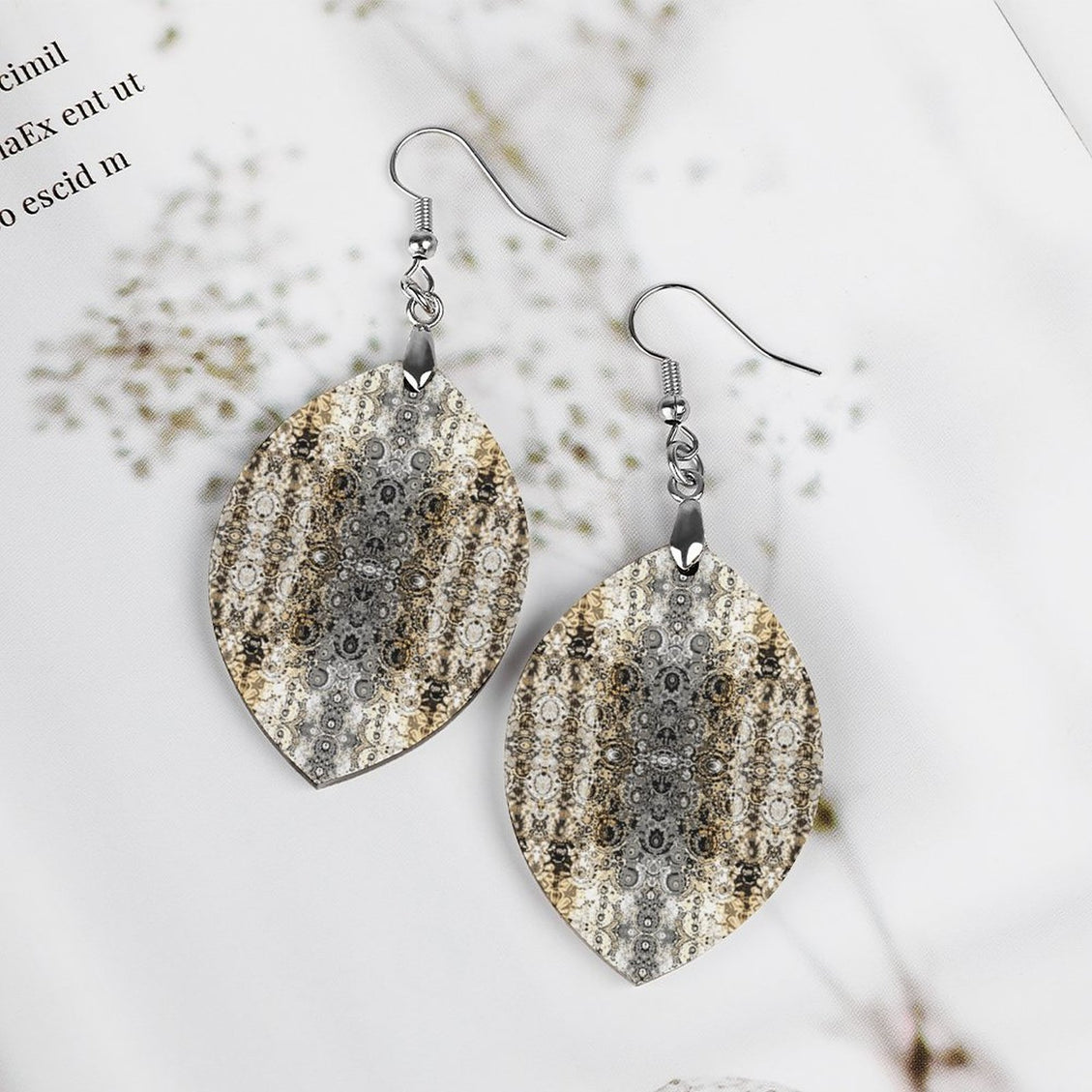 Wooden Oval Earrings Shimmering Feathers Taupe Gray