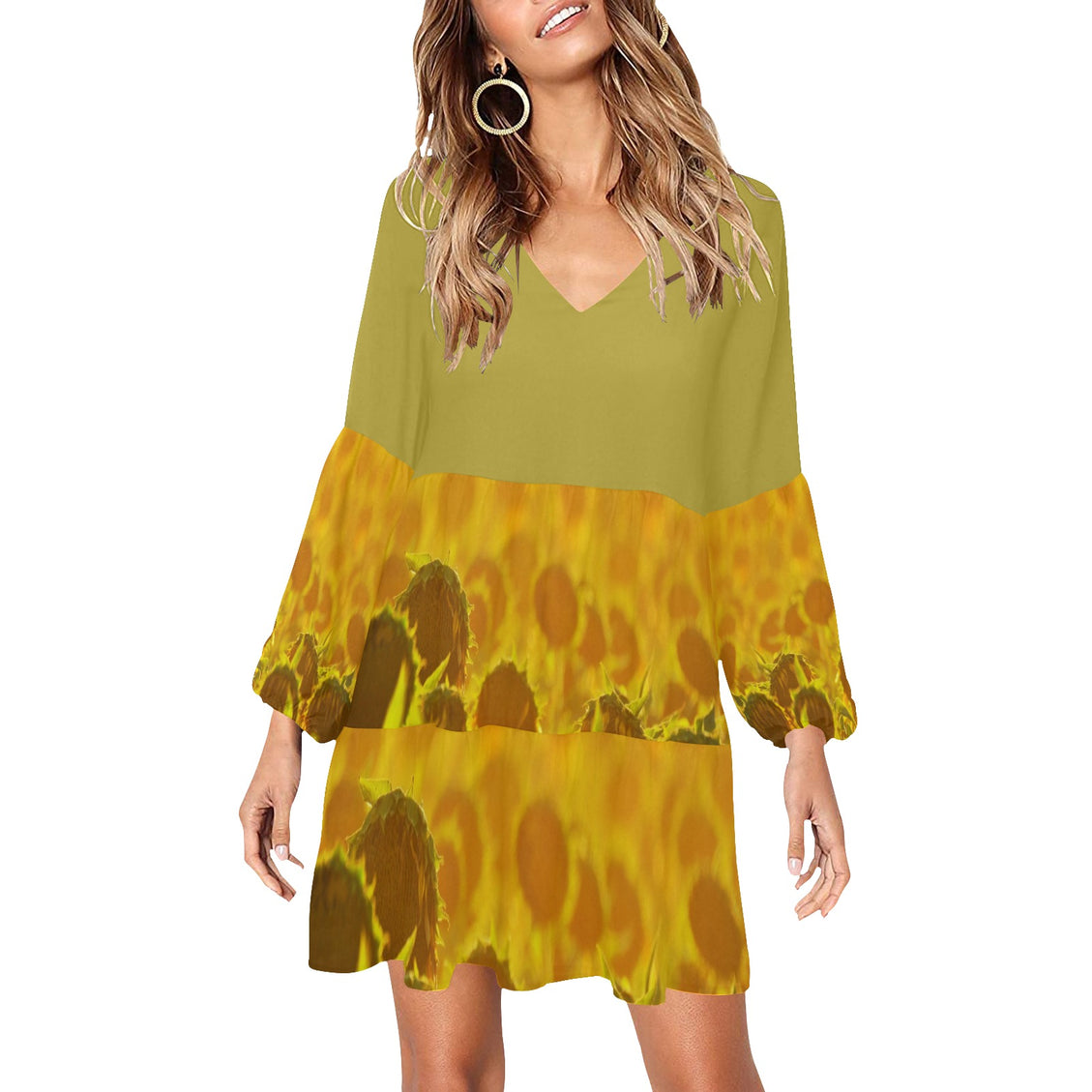 V Neck Flowy Dress Golden Sunflowers Chartreuse