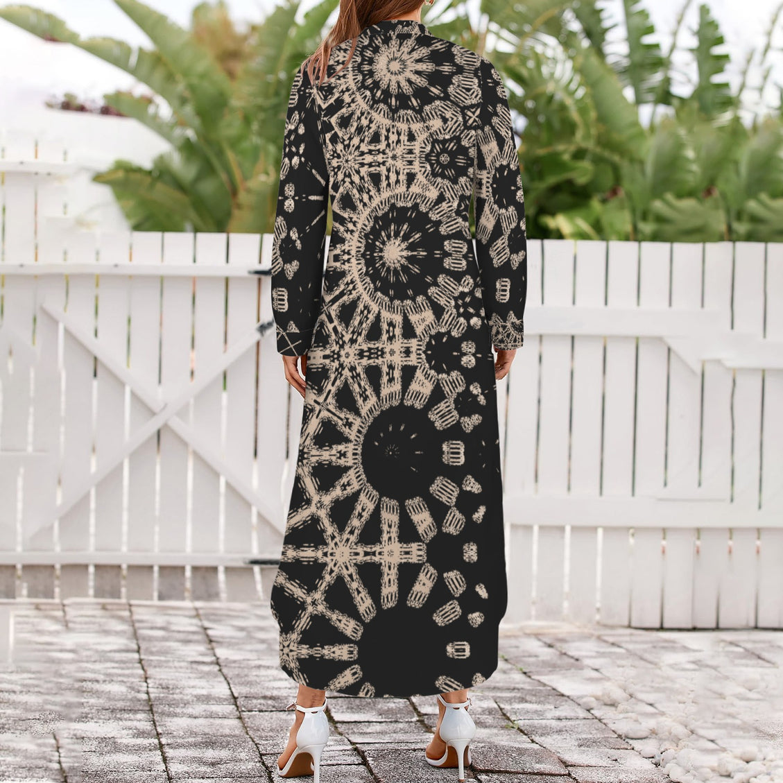 Long Sleeve Shirt Dress Taupe and Black Graphic