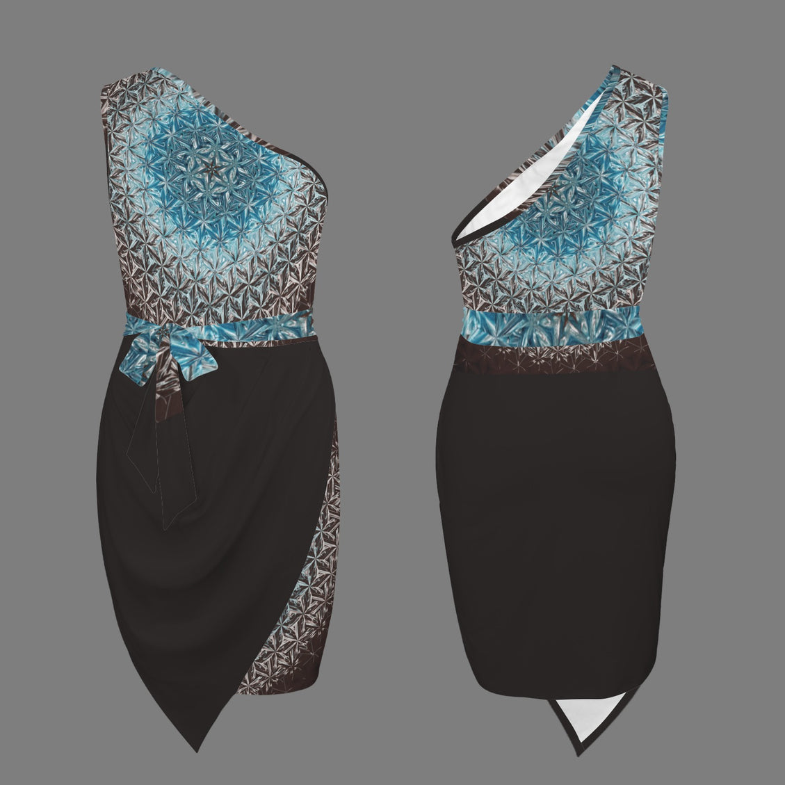 One Shoulder Ruched Dress Black and Blue Glass Medallion