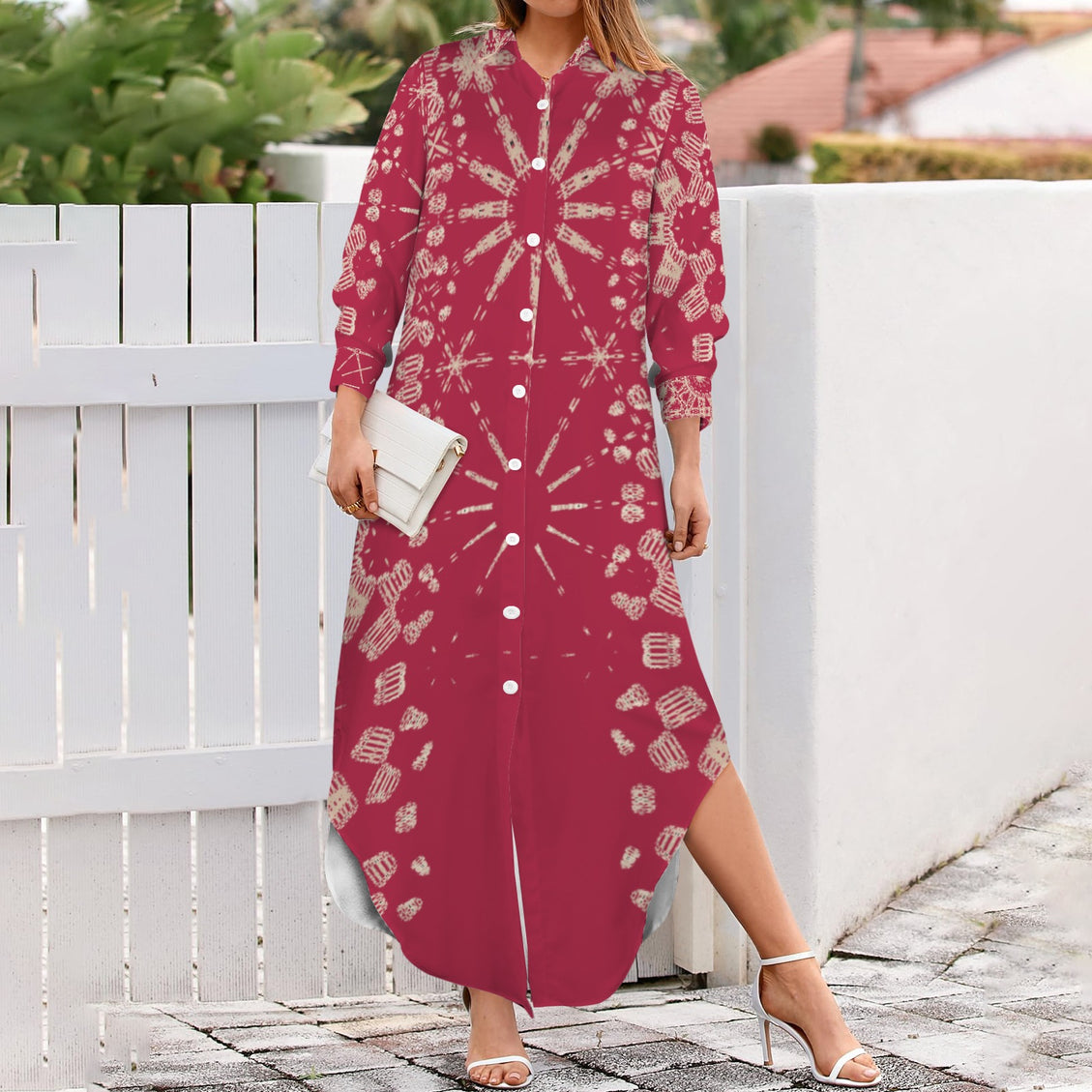 Long Sleeve Shirt Dress Red and Taupe Graphic