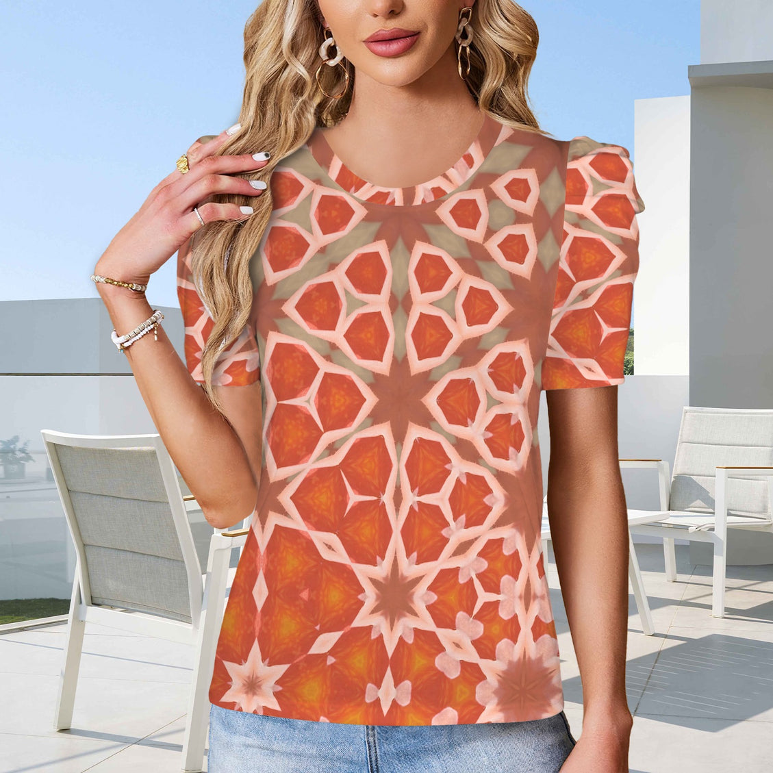 Puff Sleeve T-Shirt Coral and Taupe Geometric