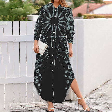 Long Sleeve Shirt Dress Turquoise and Black Graphic