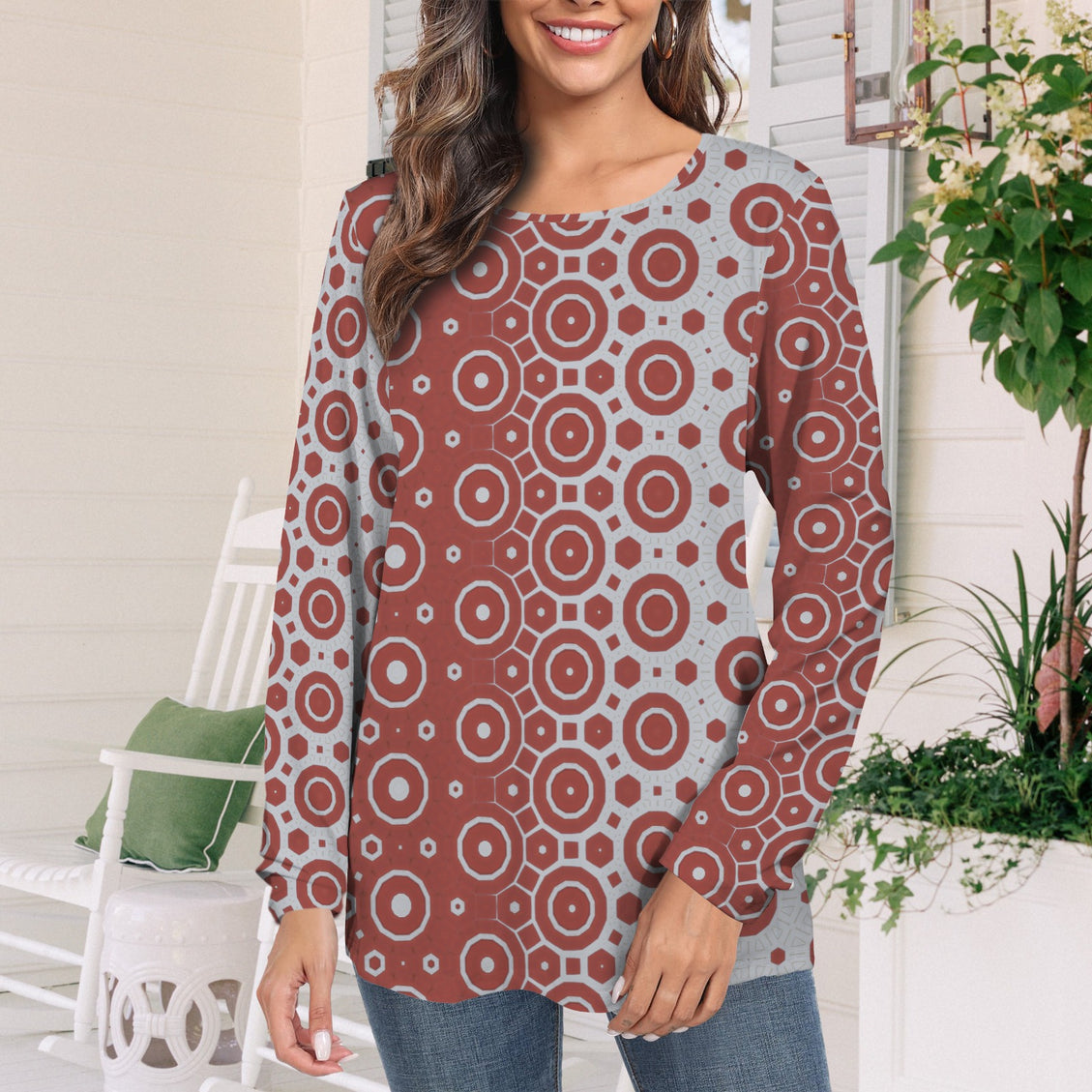 Long Sleeve Round Neck T Shirt Red and Gray Geometric