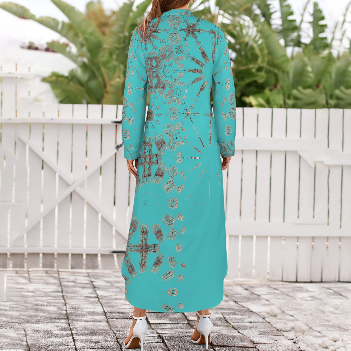 Long Sleeve Shirt Dress Turquoise and Copper Graphic