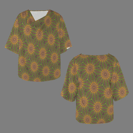 Draped Neck Blouse Gold Green Sunflower Geometric