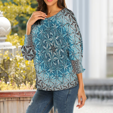 Crew Neck Pleated Sleeve T-Shirt Blue Glass Medallion