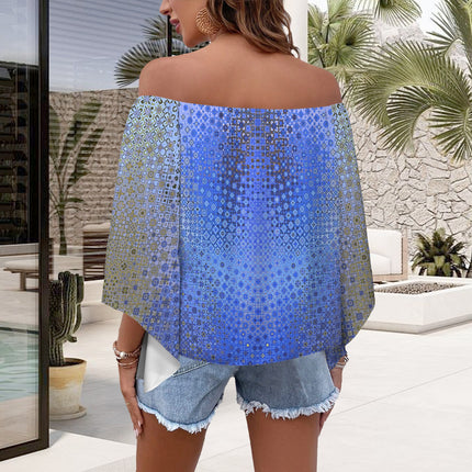 Off Shoulder Trumpet Sleeve Blouse Blue Gold Water Reflections Ombre