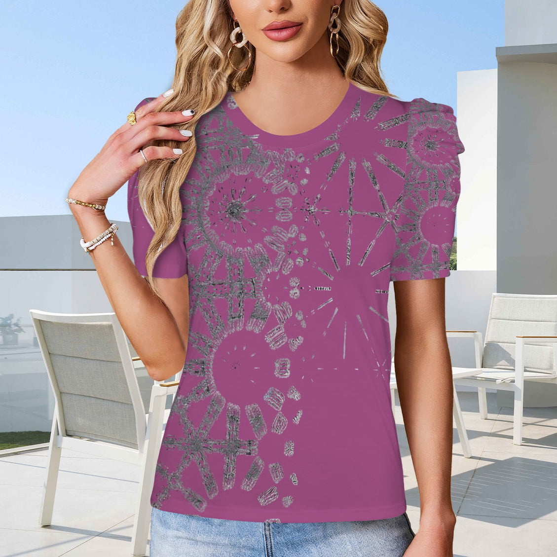 Puff Sleeve T-Shirt Cranberry and Silver Metallic Graphic