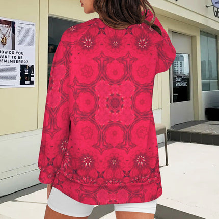 Crew Neck Long Sleeve Side Zip Sweatshirt Red Hollyhocks