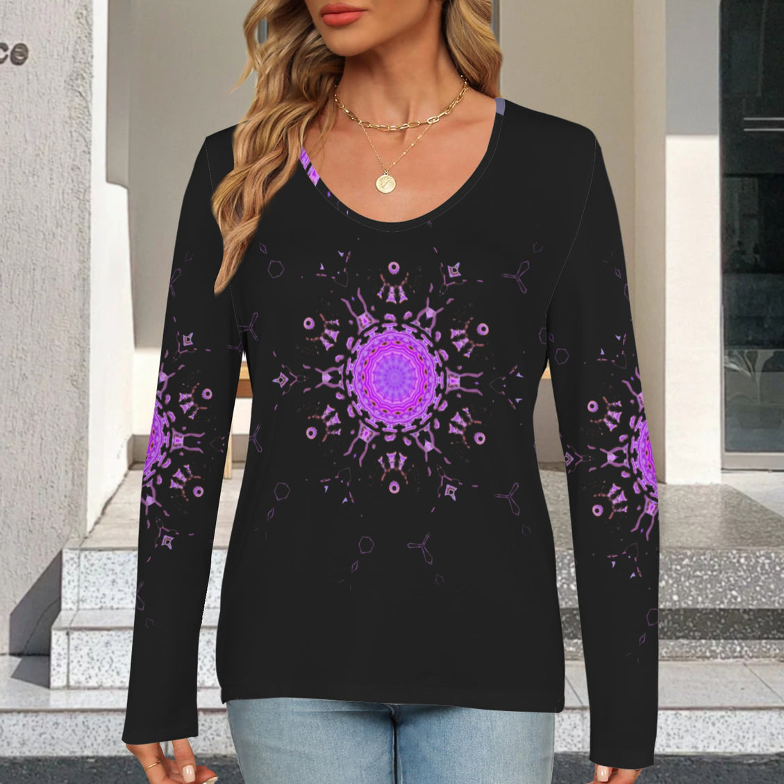 Long Sleeve V Neck Top Black Bergamot Medallion II