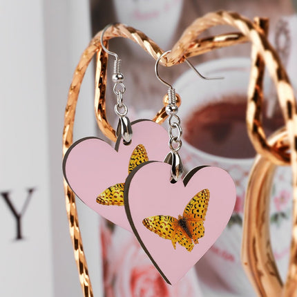 Wooden Heart Earrings Butterfly Pink