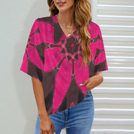 Draped Neck Blouse Red Leaves