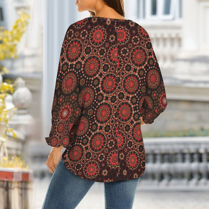 Crew Neck Pleated Sleeve T-Shirt Fall Leaves Black and Red Medallion