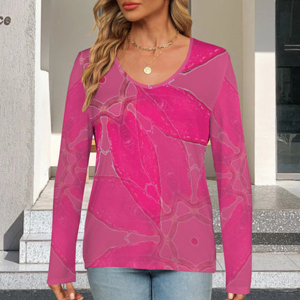 V Neck Long Sleeve Sweater Red Leaves Fuchsia Watercolor