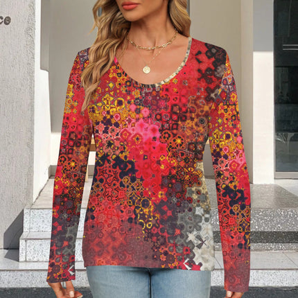 V Neck Long Sleeve Sweater Red Multi Mosaic